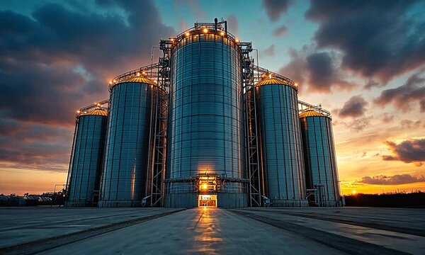 Modern grain silos illuminated at sunset against a dramatic sky.