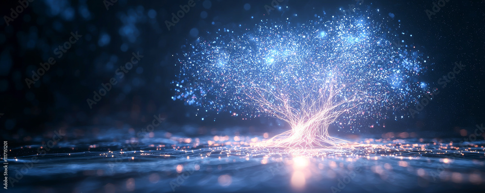 Poster A luminous tree with glowing branches surrounded by ethereal light and sparkles.