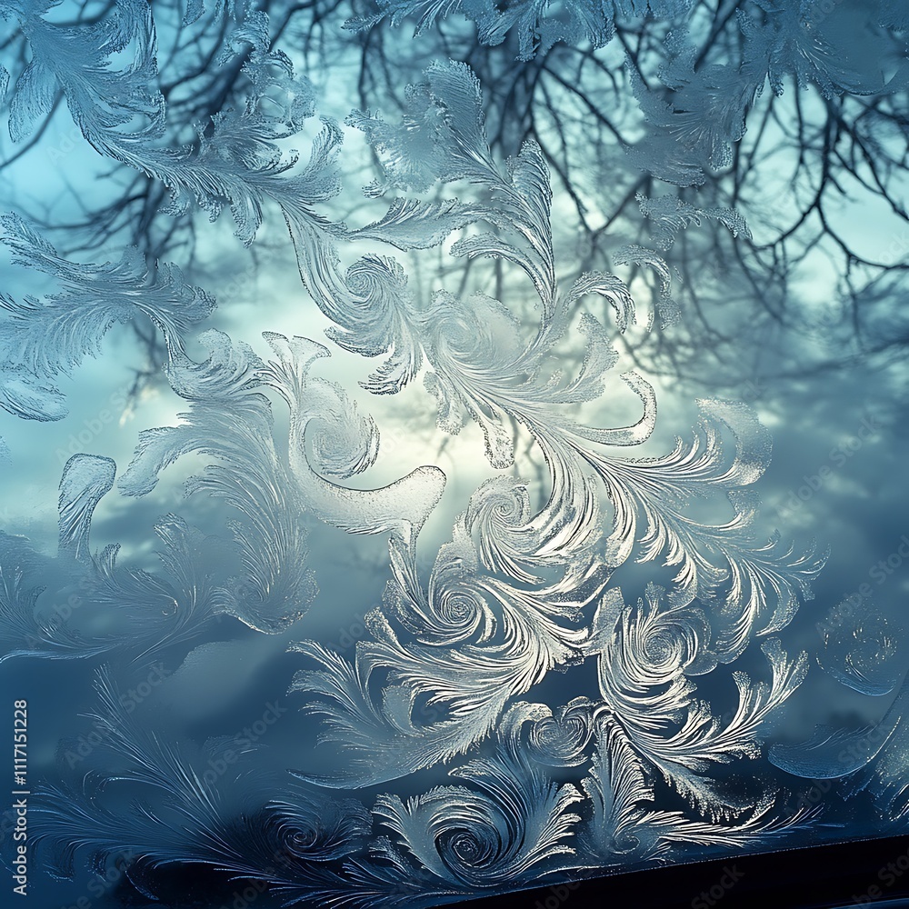 Poster intricate frost patterns on a windowpane against a winter sky.