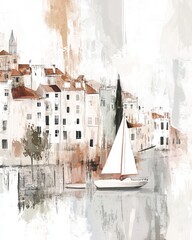 Vintage city or town landscape art painting, wall art, design, realistic, textured painting