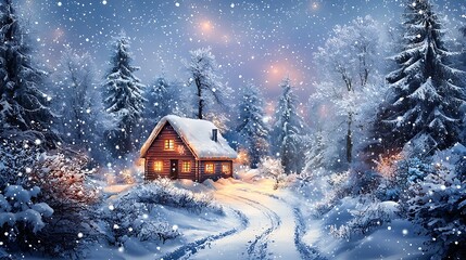 Naklejka premium Cozy winter scene with northern lights 