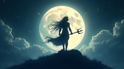 Silhouette of a God-like Figure with Trident Under a Full Moon