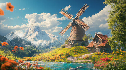 A historical windmill with traditional design and scenic countryside setting.