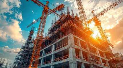 Vibrant construction site bathed in sunset light highlights dynamic urban development