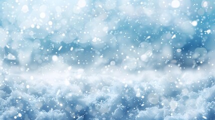 Obraz premium A serene winter scene with falling snowflakes and soft clouds in a blue atmosphere.