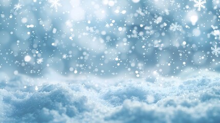 Fototapeta premium A serene winter scene with falling snowflakes over a snowy landscape.