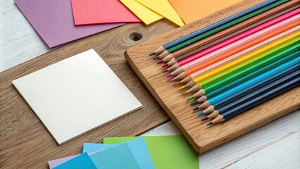 Colorful pencils arranged on a wooden board with various shades of colored paper scattered around them, desk accessories, creative space, organized workspace, paints