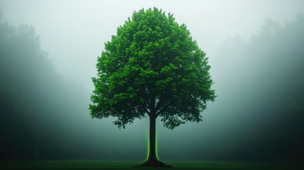 A vibrant green tree standing alone in misty forest, symbolizing nature's resilience.