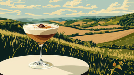 cocktail glass filled with creamy drink sits on table against picturesque countryside backdrop, showcasing rolling hills and vibrant sky. serene landscape enhances refreshing vibe of scene