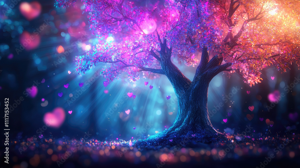 Poster a vibrant tree illuminated by colorful lights and surrounded by floating hearts.