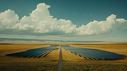 Symmetrical Solar Array Vast Blue-Grey Panels on Golden Plains, Horizon Hills. Serene Technology Landscape for Green Energy, Environment Awareness. Renewable Power Conceptual View