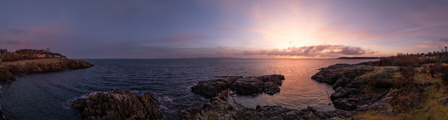 Panoramic Sunrise Scene on Vancouver Island's Rugged Coastline