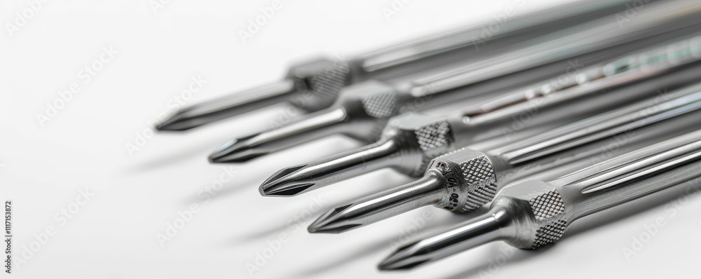 Poster a close-up of several precision tools with sharp tips, arranged in a line, showcasing their metallic