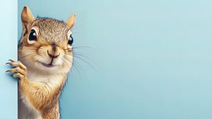 Curious squirrel peeking from behind a light blue wall, looking directly at the camera. © Sunroft