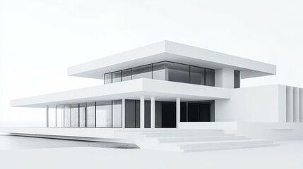 Modern Architectural Visualization of Serene White House with Subtle Water Element Minimalist Geometric Design for Real Estate, Design, and Presentations