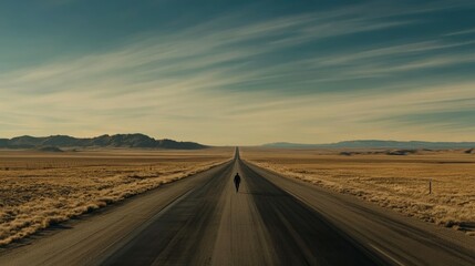 Fototapeta premium Journey into Solitude Lone Wanderer on Endless Road in Vast Desert Landscape - Cinematic Adventure into Freedom and Isolation