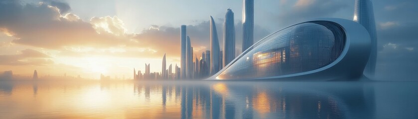 Fototapeta premium Futuristic Sunset Cityscape with Glass-and-Metal Megastructure - Serene Urban Architecture at Dusk, Digital Art Concept