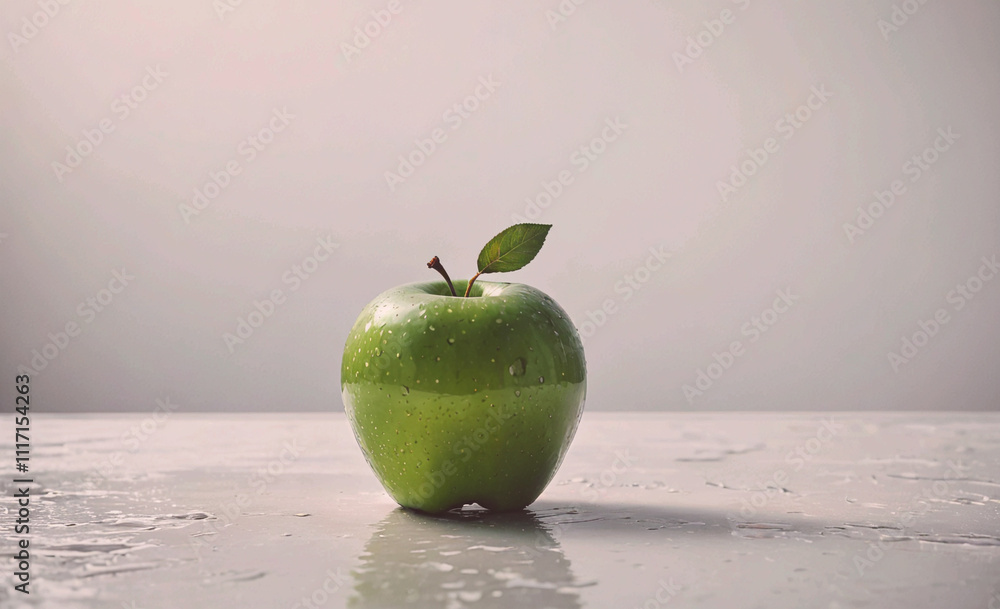 Poster a green apple with a leaf on top sits on a table. the apple is wet, and the table is white. concept 