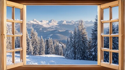 Sunlight bathes a breathtaking winter scene, with snow-draped mountains and tall evergreen trees visible through a rustic wooden window. The cool air invites tranquility and awe