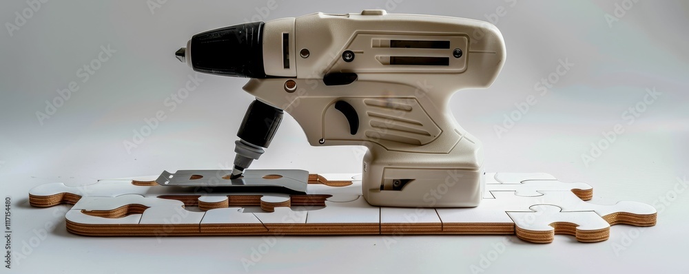Poster a handheld power tool for crafting sits above interlocking wooden pieces on a white surface, showcas