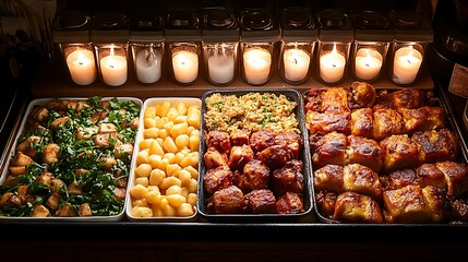 Delicious buffet of roasted meats, potatoes, and other side dishes, illuminated by candlelight.