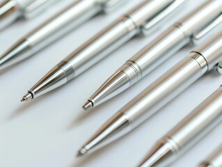Fototapeta premium A close-up view of sleek silver pens arranged neatly in a row, showcasing their shiny metallic finish and fine tips.