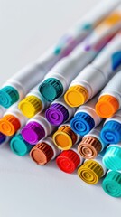 A vibrant collection of colorful markers arranged neatly, showcasing a variety of vivid caps and artistic potential.