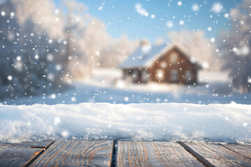 A snowy landscape with a blurred wooden cabin in the background.