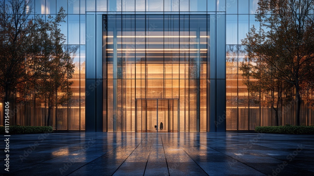 Poster in the heart of a bustling metropolis, a large, glass-fronted structure glows warmly as dusk settles