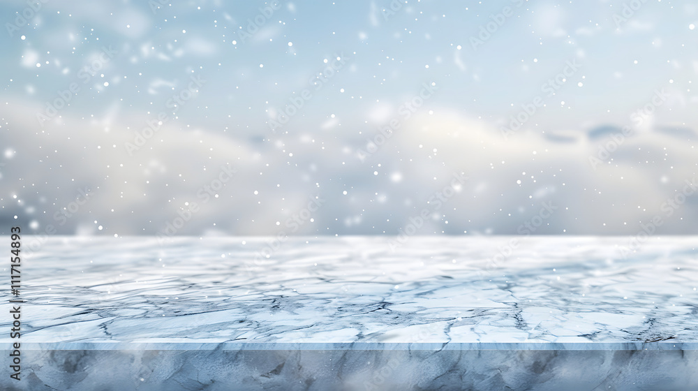 Poster a snowy landscape with a marble surface and soft clouds in the background.