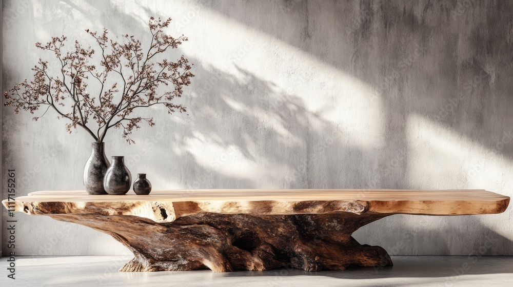 Poster in a tranquil space, a beautifully crafted rustic table made from natural wood showcases its unique 