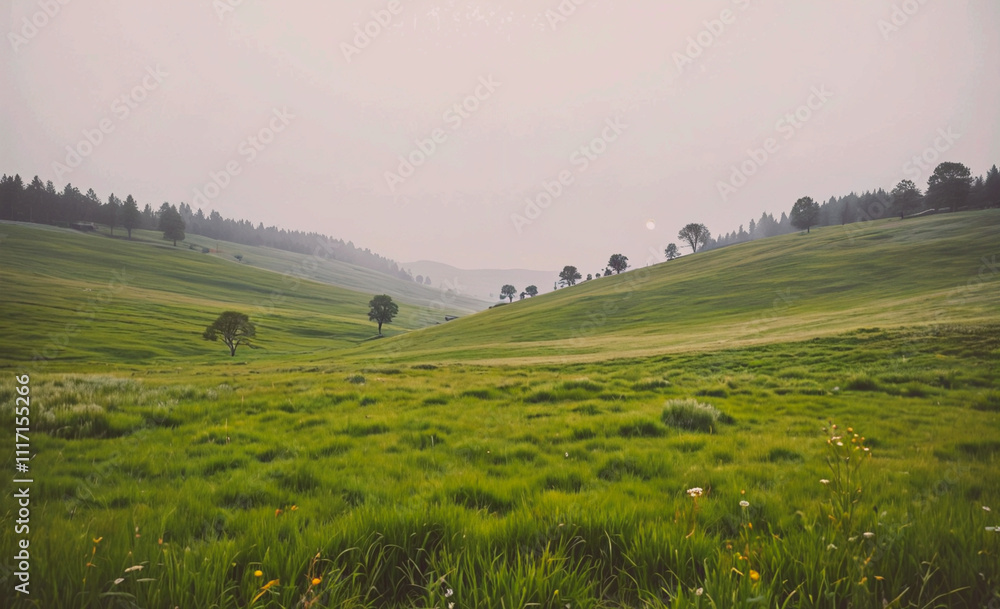 Poster A large, open field with a few trees scattered throughout. The sky is overcast and the grass is lush and green