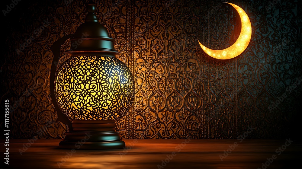 Poster illuminated ornate lantern with crescent moon on patterned background.
