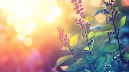 Fototapeta premium Vibrant Summer Background with Bright Light Flare and Green Leaves