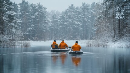 Two figures in bright orange jackets glide across a still lake, bordered by frosty trees. The tranquility of winter envelops their journey as they paddle through serene waters