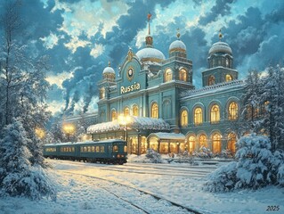 Winter Night Scene at Ornate European Train Station under Starlight