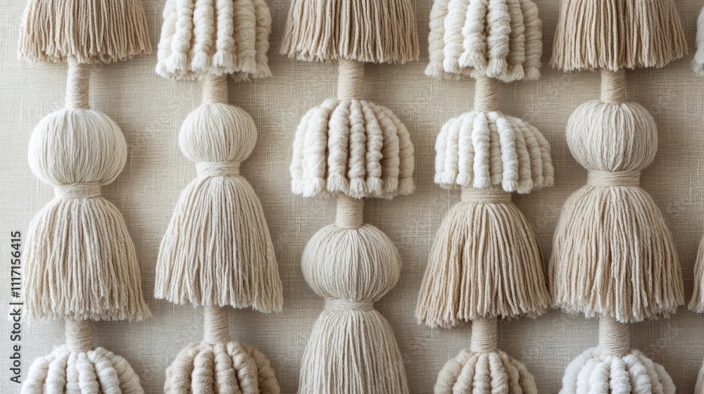 Poster This intricate display showcases a series of tassels crafted from natural linen, creating a beautiful texture and warmth
