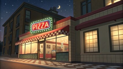 Cozy animated pizza shop glowing under a night sky