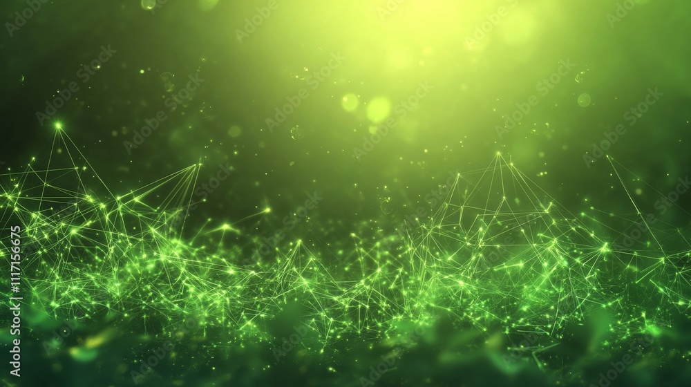 Poster abstract green background with luminous particles.