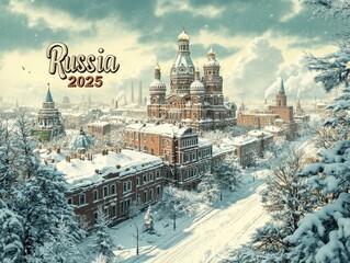 Winter Scene of Kiev's St. Sophia Cathedral and Russian Architecture - Digital Illustration, 2025
