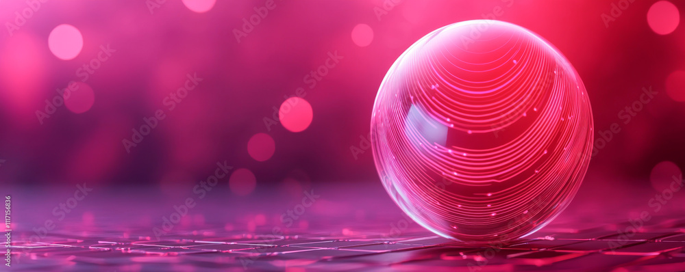 Poster a shimmering orb reflecting vibrant pink light with mesmerizing patterns.