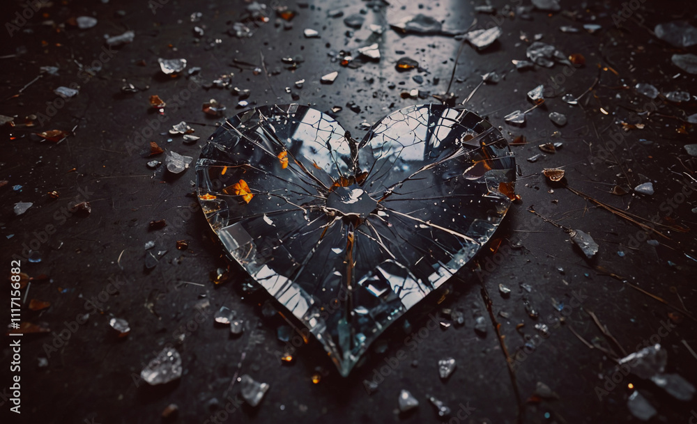 Aufkleber a heart is shattered into pieces on a dark surface. the broken pieces of the heart are scattered all
