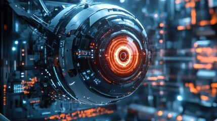 A futuristic robotic eye with glowing elements, set in a high-tech environment.