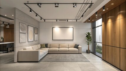 Modern minimalist living room with natural light and greenery