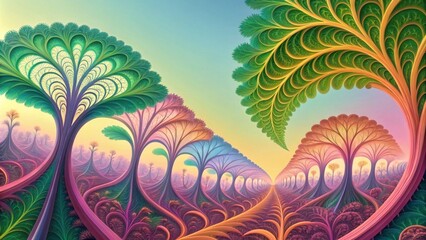 Vibrant fractal trees in a surreal landscape