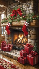 Fototapeta premium Cozy Christmas fireplace with stockings, gifts, and garland.