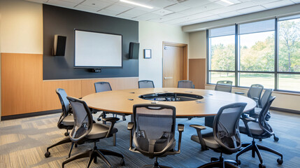 Fototapeta premium A modern conference room with a large round table, high-back chairs, and state-of-the-art AV equipment.
