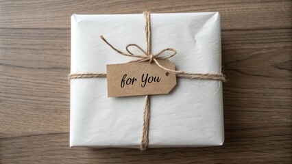 A simple and minimalist wrapped gift utilizing plain white paper neatly folded and taped. Tied around it is a single stripe of jute twine with a small handmade paper tag attached