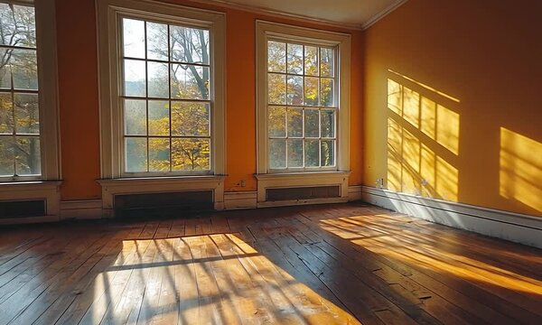 Bright, empty room with large windows and wooden floors.