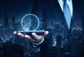 businessman in suit holds smartphone, displaying digital interface with glowing circle, symbolizing technology and innovation in cityscape